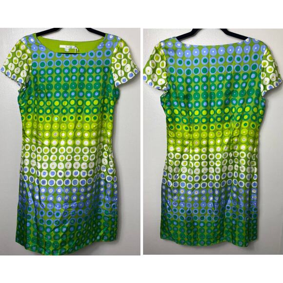 Boden Dresses & Skirts - BODEN DRESS 6 SEQUIN GREEN BLUE RETRO SILK DOT GEOMETRIC PRINT SHIFT SHORT MINI